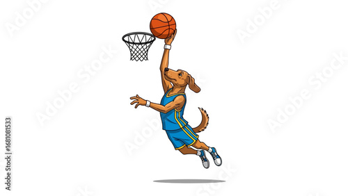 Canine Champion: A cartoon illustration of a spirited dog soaring through the air, elegantly dunking a basketball into a hoop, embodying athletic prowess and playfulness.