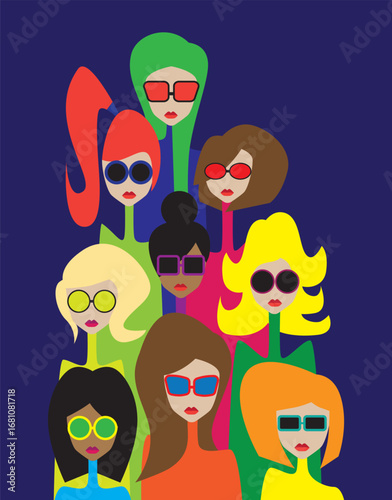 Beautiful girls team portrait on bright background. Vector illustration.