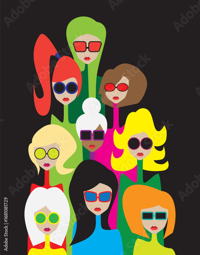 Beautiful girls team portrait on black background. Vector illustration. 