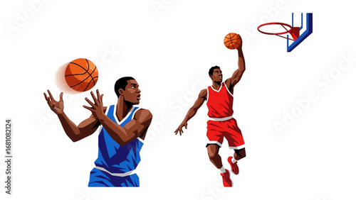 Basketball Action: Two players are captured in the moment of their competitive basketball game. In the vivid representation of athletic skill and the intensity of a championship game.
