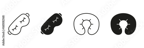 Sleep Mask And Neck Pillow Icon Set. Travel Comfort And Relaxation Outline And Silhouette Symbol Collection. Sleep Aid And Restful Journey Essentials. Isolated Vector Illustration