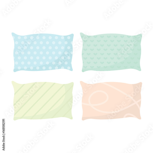 Sleep pillow icons on white background. Patterned pillows. Pastel bedding. Rest, sleep.