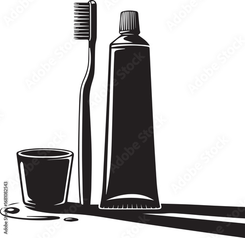 Black and white illustration of toothbrush toothpaste and cup