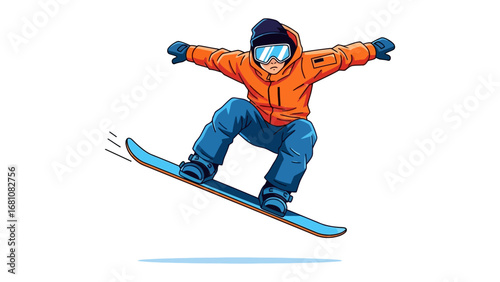 Snowboarder in action: Capturing the dynamic essence of winter adventure, this vibrant illustration depicts a snowboarder in mid-air, showcasing skill, exhilaration.
