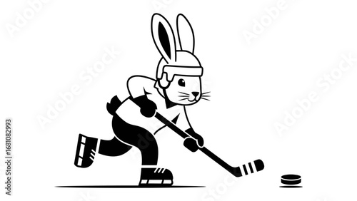 Ice Hockey Bunny: A whimsical cartoon bunny in hockey gear is skillfully handling a puck and hockey stick, ready to score a goal. Capturing the fun of the game, perfect for sports illustration.