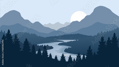 a serene landscape with mountains river and trees under moonlight