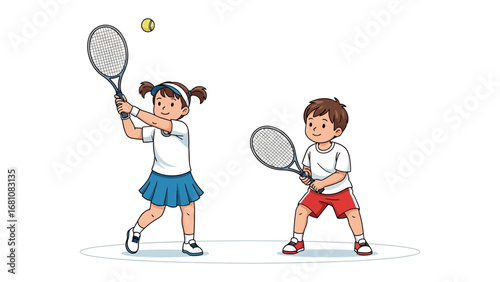 Tennis Match: A depiction of two young individuals, immersed in a tennis match, with vibrant illustration detailing the active motion of the game. 