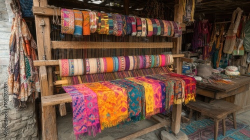 Colorful textiles on loom in artisan workshop