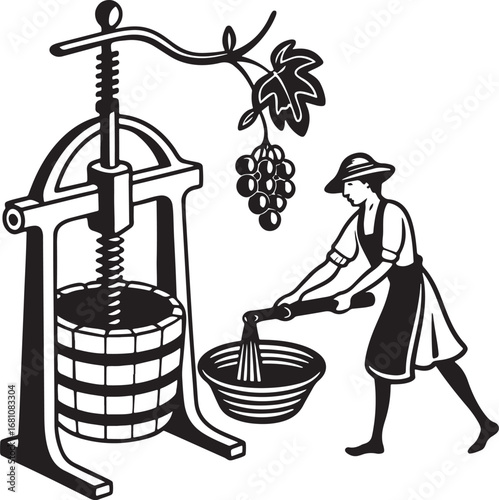 Traditional grape pressing process vintage scene featuring a woman operating a screw press and collecting freshly squeezed juice for wine production