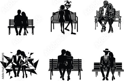 Creative silhouette and stylized illustrations of couples sitting on benches, expressing romance, connection, and emotion in various styles.