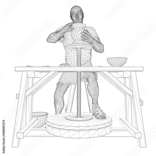 A male sculptor works on a wireframe while seated at a wooden table, wearing a white shirt and blue jeans with a serious expression. His hands rest on his lap as he contemplates the bowl of fruit.