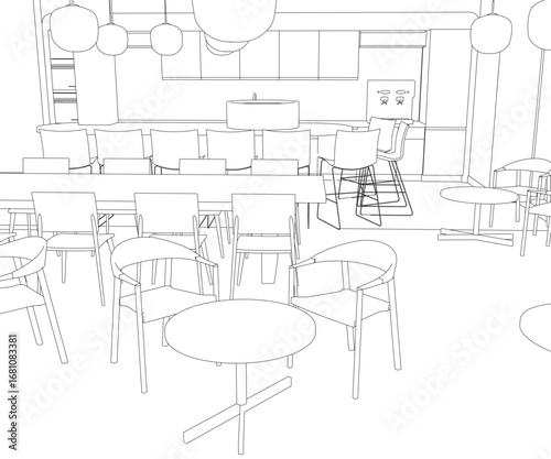 A minimalist black and white line drawing of a restaurant kitchen area with tables, chairs, and cupboards in clean contour style.