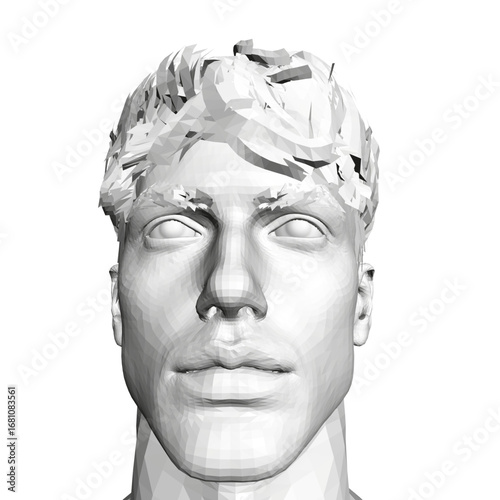 Polygonal male head model with sharp geometric features, black and white aesthetic, clean white background, and modern fashion styling.