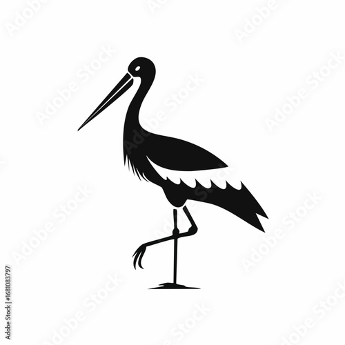 stork bird black silhouette vector, Simple silhouette Design vector icon with white background. Wild bird