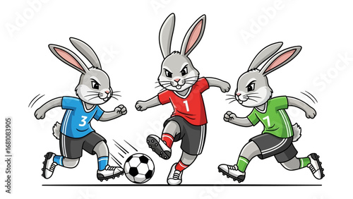 Rabbit Soccer Match: A playful illustration showcasing three animated rabbits enthusiastically engaged in a spirited soccer match, capturing the thrill of the sport and friendly competition.