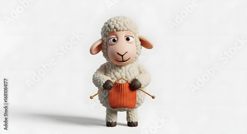 Adorable Woolly Sheep Character Knitting with Orange Yarn and Needles, Whimsical 3D Rendered Crafting Illustration on a Bright White Background