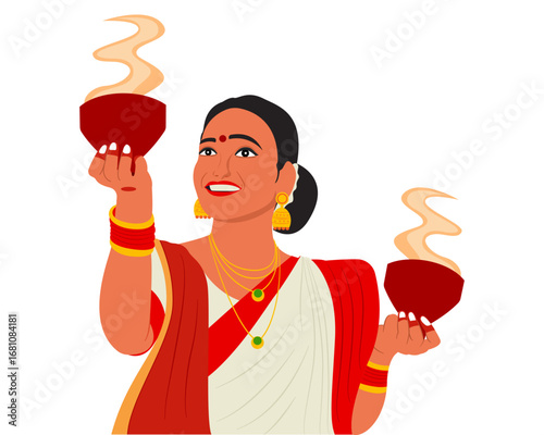 bengali women performing dhunuchi dance in traditional saree durga puja navratri vector illustration