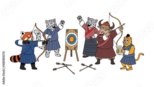 Animal Archery Competition: In this scene, a group of anthropomorphic animal are engaged in an archery competition with a target at the center, the illustration is colorful and inviting.