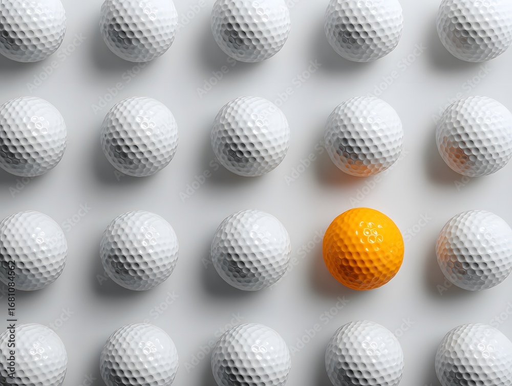 Fototapeta premium top view of multiple white golf balls arranged in neat rows across a bright white background with one orange golf ball placed among them symbolizing individuality creativity and sporting precision