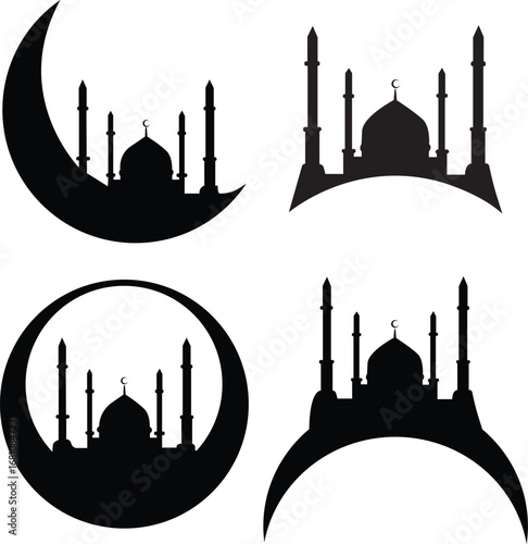 Mosque Silhouette with Crescent Moon Vector Illustration, Mosque Silhouette vector set, Black Mosque Shapes illustration, mosque, islam, crescent, moon, silhouette, muslim, ramadan, eid, religion,