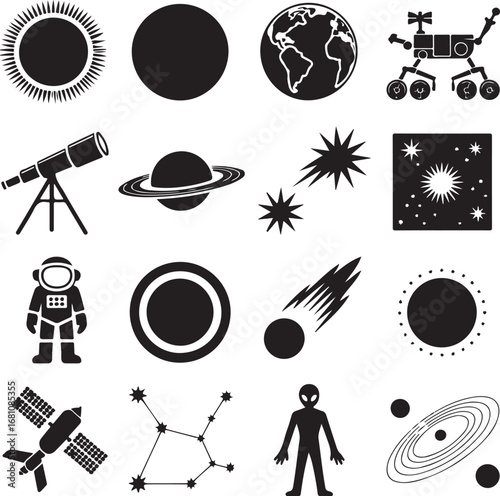 Silhouette icons of space exploration and celestial bodies astronomy universe