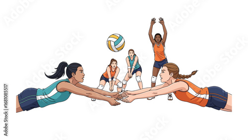 Volleyball Team Action: Dynamic illustration capturing the moment of a team, poised in mid-action. The scene displays teamwork, athleticism, and the thrill of the game. 