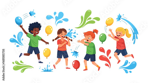 Joyful Water Balloon Battle: Children engaged in a spirited water balloon fight, a fun and festive scene capturing the essence of summer joy and playful interaction. 