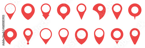 Red Map Pin Location Marker Solid Icon Set. Navigation, Gps, And Geolocation Silhouette Symbol Collection. Various Pin Designs For Maps And Directions. Isolated Vector Illustration