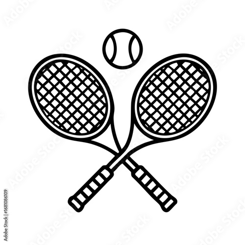 Minimalist line art of crossed tennis rackets with a ball above them