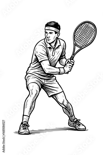 Black and white drawing of a tennis player preparing for a backhand swing