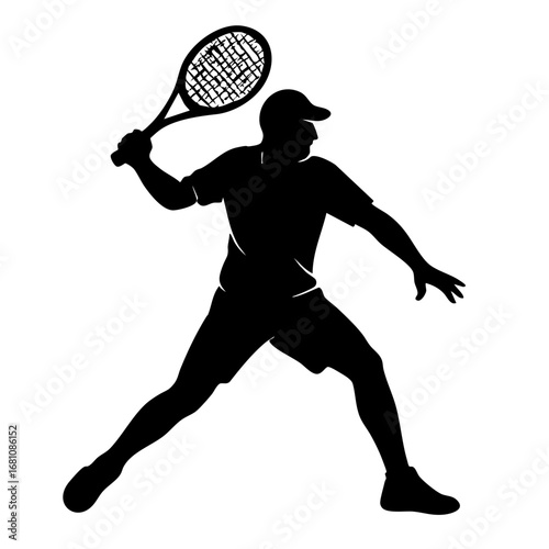 Silhouette of a tennis player swinging a racket in full motion