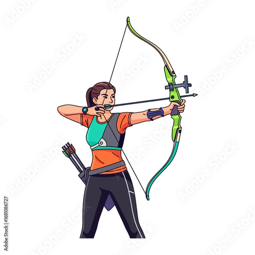 Archery Target Practice: A skilled archer, fully focused, draws back her bowstring with precision, the embodiment of focus and dedication in the world of archery.