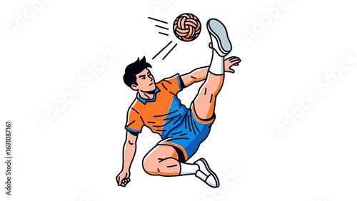 Sepak Takraw in Action: Dynamic illustration of a male athlete executing a powerful kick, sending the ball soaring. Witness the skill and grace of this dynamic sport.