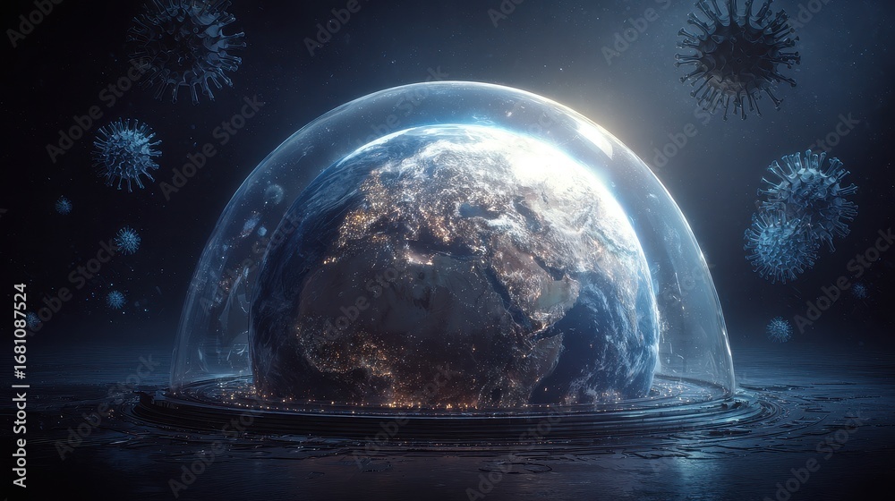 Fototapeta premium Planet Earth under quarantine dome, virus outside, 3D illustration.