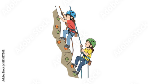 Climbing adventure: Two individuals, equipped with helmets and harnesses, embark on a thrilling climb. This vector illustration vividly captures the essence of skill, focus.