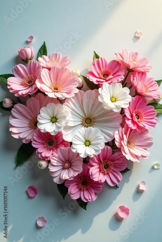 Close-up of a serene heart-shaped arrangement of pink and white flowers, soft lighting, peaceful ambiance, perfect for relaxation and wellness themes , wellness, therapy