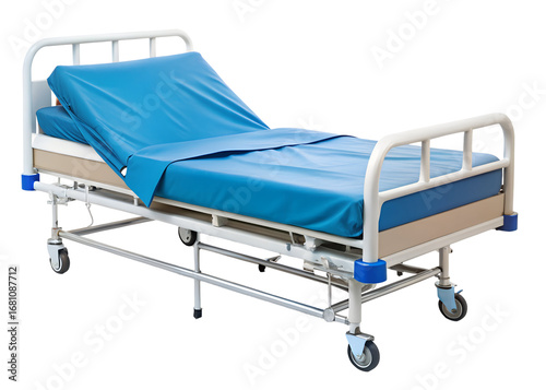 hospital bed with blue sheets png image on transparent background