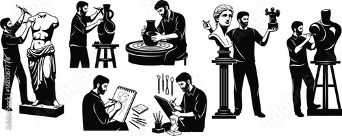 Artists sculpting classical statues, painting pottery, drawing portraits, crafting sculptures, pottery making, detailed artistic work, creative art process, fine art creation