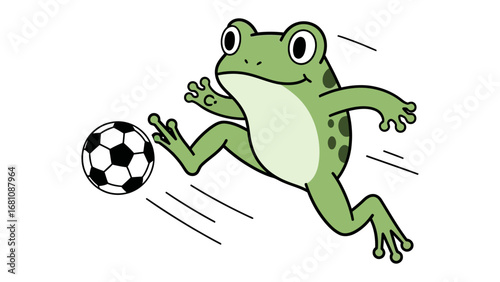 Frog Kicking a Ball: A lively illustration showcases a green frog, mid-action, enthusiastically kicking a soccer ball with remarkable agility.