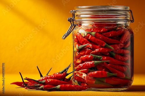 Spicy red chili peppers preserved in a clear glass jar