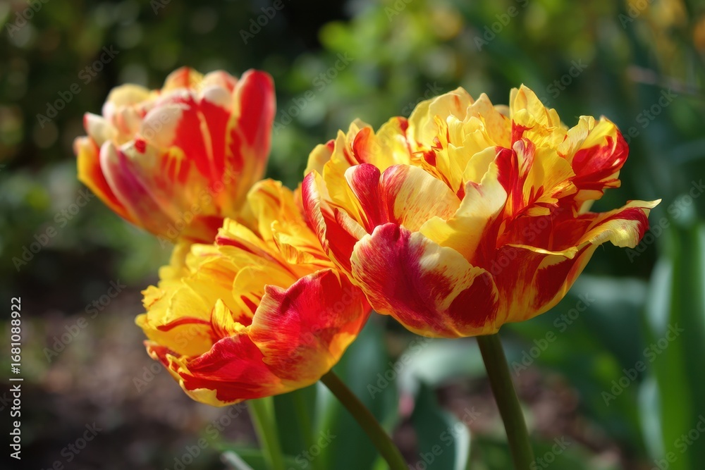 Naklejka premium Red and yellow Triumph tulips bloom in a garden in April 2016