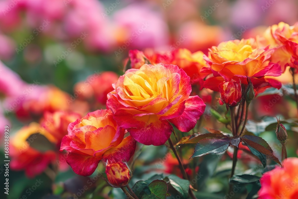 Fototapeta premium Red and yellow roses in bloom at Ashikaga Flower Park Tochigi Japan
