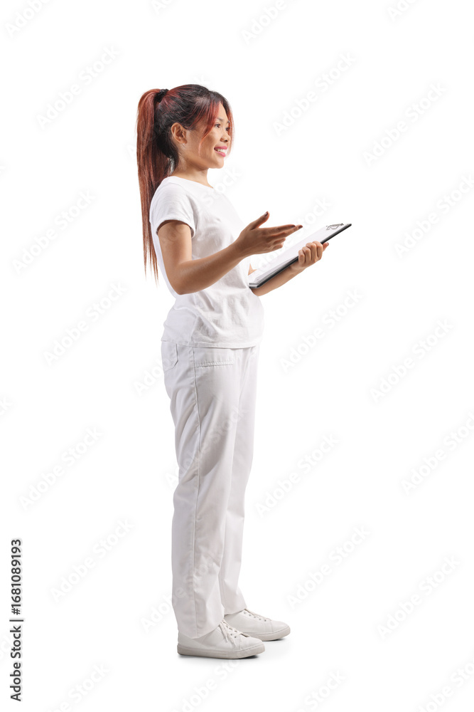 Fototapeta premium Beautician in a white uniform talking