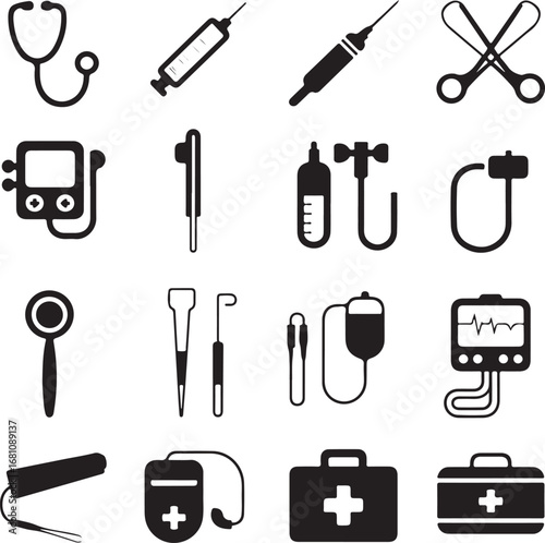 Medical Healthcare And Science Equipment Icons Set stethoscope syringe