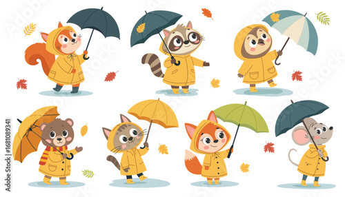 Cute forest animals wearing yellow raincoats, rubber boots, and carrying umbrellas. Autumn. Vector illustration for children.