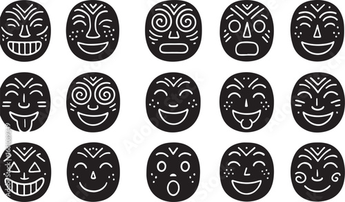 Collection of diverse tribal masks with expressive faces and intricate patterns showcasing ancient cultural heritage and artistic design