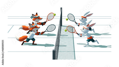 Tennis Match of the Wild: A vibrant illustration captures the playful energy of a tennis match between adorable fox and rabbit characters, showcasing sportsmanship and spirited competition.