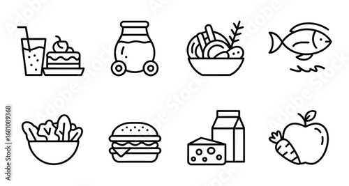 Food nutrition icon set. Thin line editable stroke icons for healthy eating, food categories, diet balance, ingredients, meals, fresh produce, and nutrition ...
