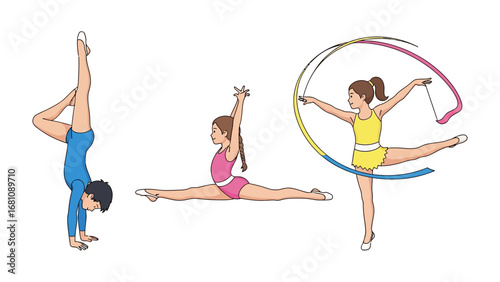 Gymnastic Movements and Grace: A set of vibrant images showcasing gymnasts in action, with each movement expressing power, grace, and flexibility. A young person performs handstand.
