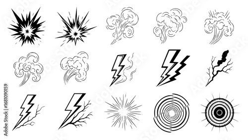 Collection of comic book style sound effect and action elements